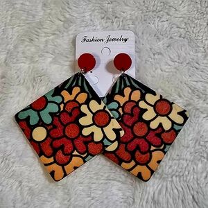 Wood Dangle Earrings NWT NEW Square Drop Ring Flower Hippie Hobo Wooden